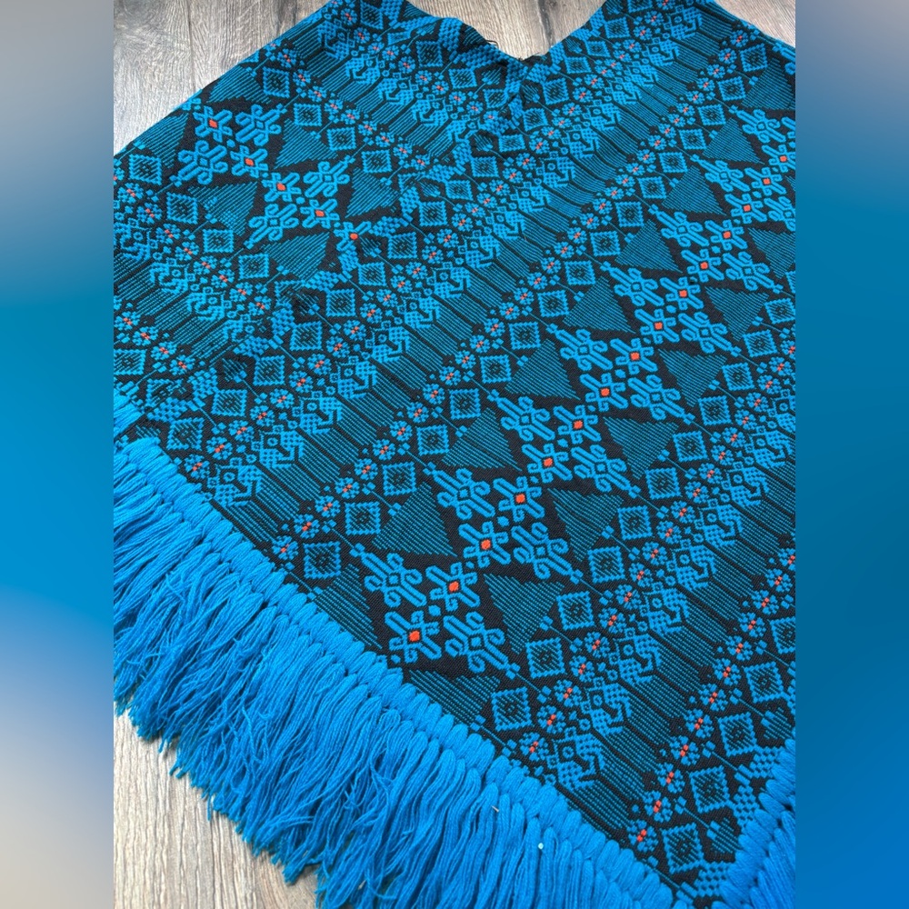Vintage Guatemalan PONCHO Blue Black Orange Brocade Cotton Blend Hand Loomed - Picture 3 of 14